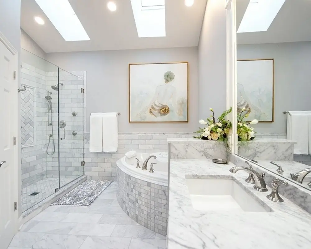 Luxury bathroom with marble finishes, a whirlpool tub, and stylish decor by Bathrooms Renovations Hamilton.