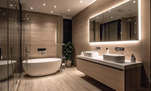 Spacious contemporary bathroom featuring a freestanding tub, double sinks, and elegant lighting, renovated by Bathrooms Renovations Hamilton.